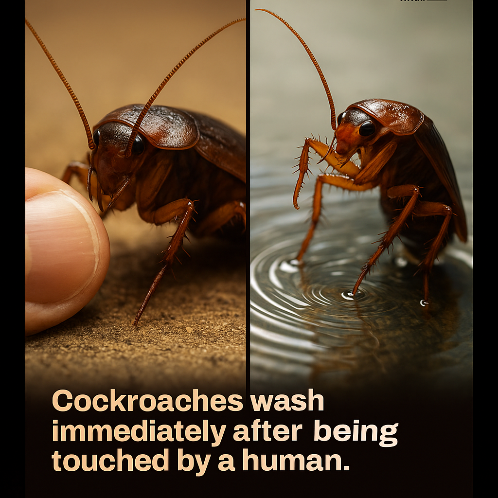 Close-up of cockroach grooming itself after touching a human, demonstrating natural insect cleaning behavior