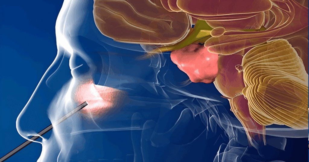 Illustration of Third Nostril Surgery showing surgeons removing a spinal tumor through the eye socket, alongside photos of the patient and medical team — a breakthrough 19-hour operation with no visible scars.
