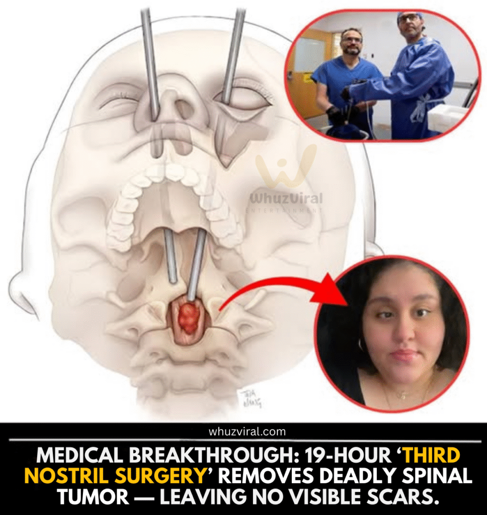 Illustration of Third Nostril Surgery showing surgeons removing a spinal tumor through the eye socket